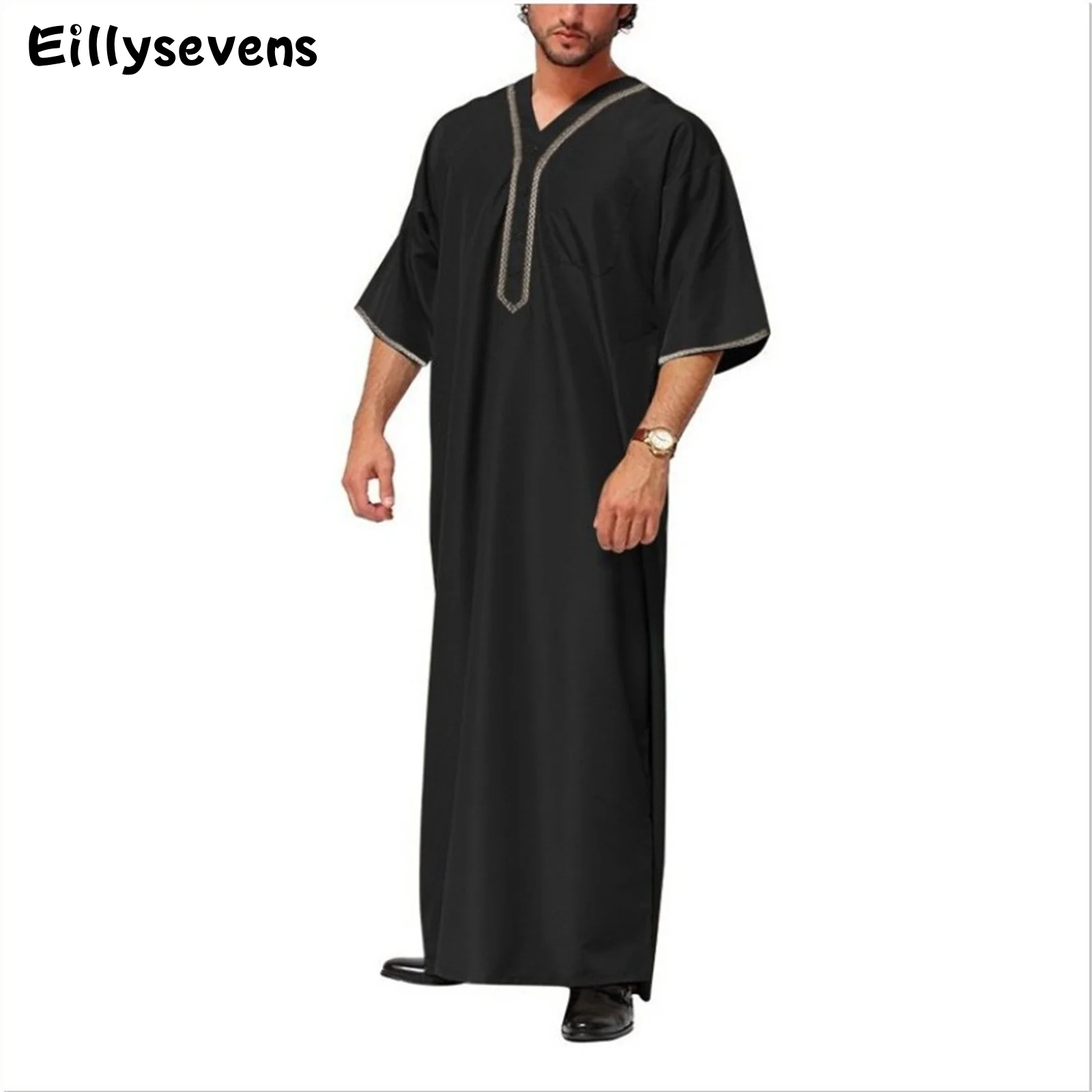 Vintage Loose Muslim Robes for Men Short Sleeve Fashion Jubba Thobe Man Casual V Neck Solid Color Pattern Islamic Clothing
Vintage Loose Muslim Robes for Men Short Sleeve Fashion Jubba Thobe Man Casual V Neck Solid Color Pattern Islamic Clothing