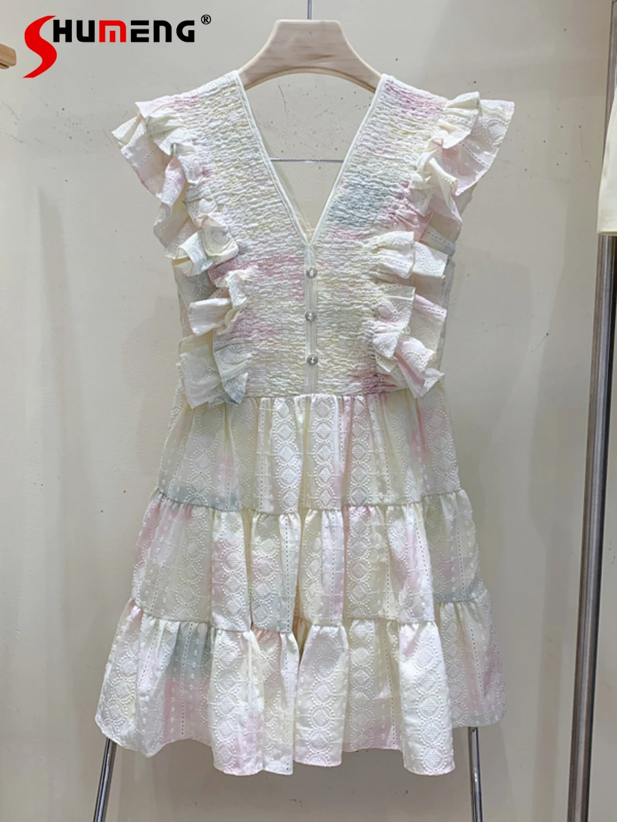 Fashion Tie-Dye Sweet Ruffles Flying Sleeve V-neck Mini Dress Women High Waist Slimming Office Ladies Dress 2022 Summer Vestdios
Fashion Tie-Dye Sweet Ruffles Flying Sleeve V-neck Mini Dress Women High Waist Slimming Office Ladies Dress 2022 Summer Vestdios