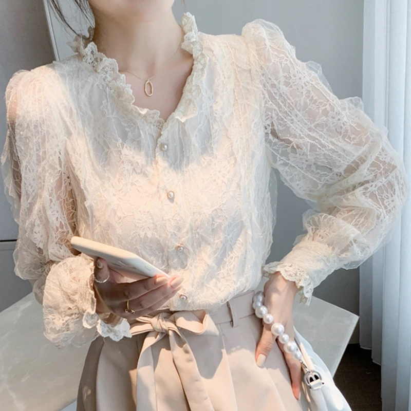 Chic Lace V-Neck Shirt Women's Long Sleeve Ruffles Blouse French Elegant Flare Sleeve Buttons Apricot Top
Chic Lace V-Neck Shirt Women's Long Sleeve Ruffles Blouse French Elegant Flare Sleeve Buttons Apricot Top
