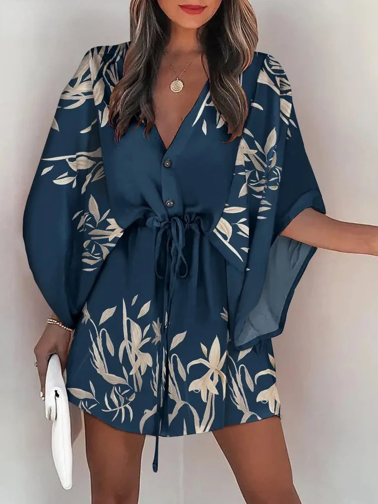 Casual Boho Beach Vacation Mini Dress Women Summer Print Lace Up Button Batwing Sleeve Dresses For Women's Loose Female Robe
Casual Boho Beach Vacation Mini Dress Women Summer Print Lace Up Button Batwing Sleeve Dresses For Women's Loose Female Robe