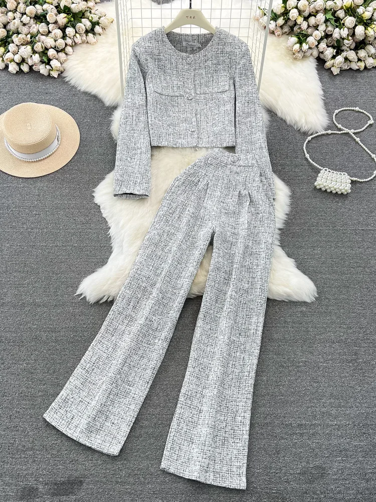 Autumn Women's Set Korean Fashion Round Neck Single Breasted Short Coat High Waist Straight Wide Leg Pants Casual 2 Piece Sets
Autumn Women's Set Korean Fashion Round Neck Single Breasted Short Coat High Waist Straight Wide Leg Pants Casual 2 Piece Sets