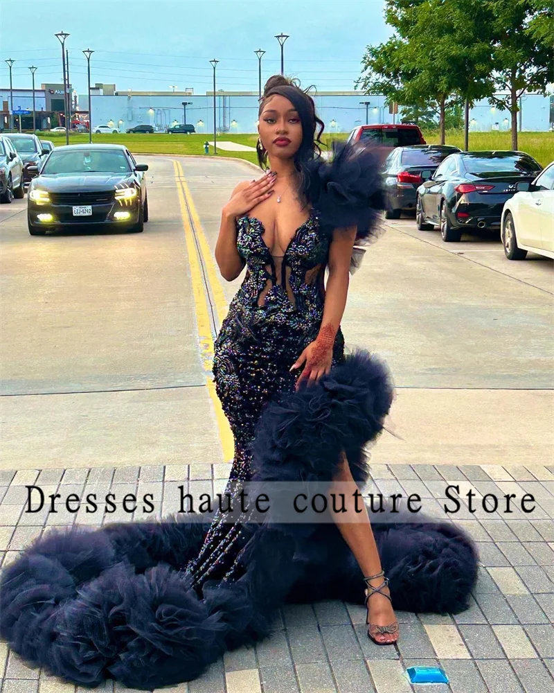 Black Sequin Slit Mermaid Black Girl Prom Dresses 2023 Luxury Tulle Ruffles Beaded One Shoulder Party Gown Evening Dresses 
Black Sequin Slit Mermaid Black Girl Prom Dresses 2023 Luxury Tulle Ruffles Beaded One Shoulder Party Gown Evening Dresses