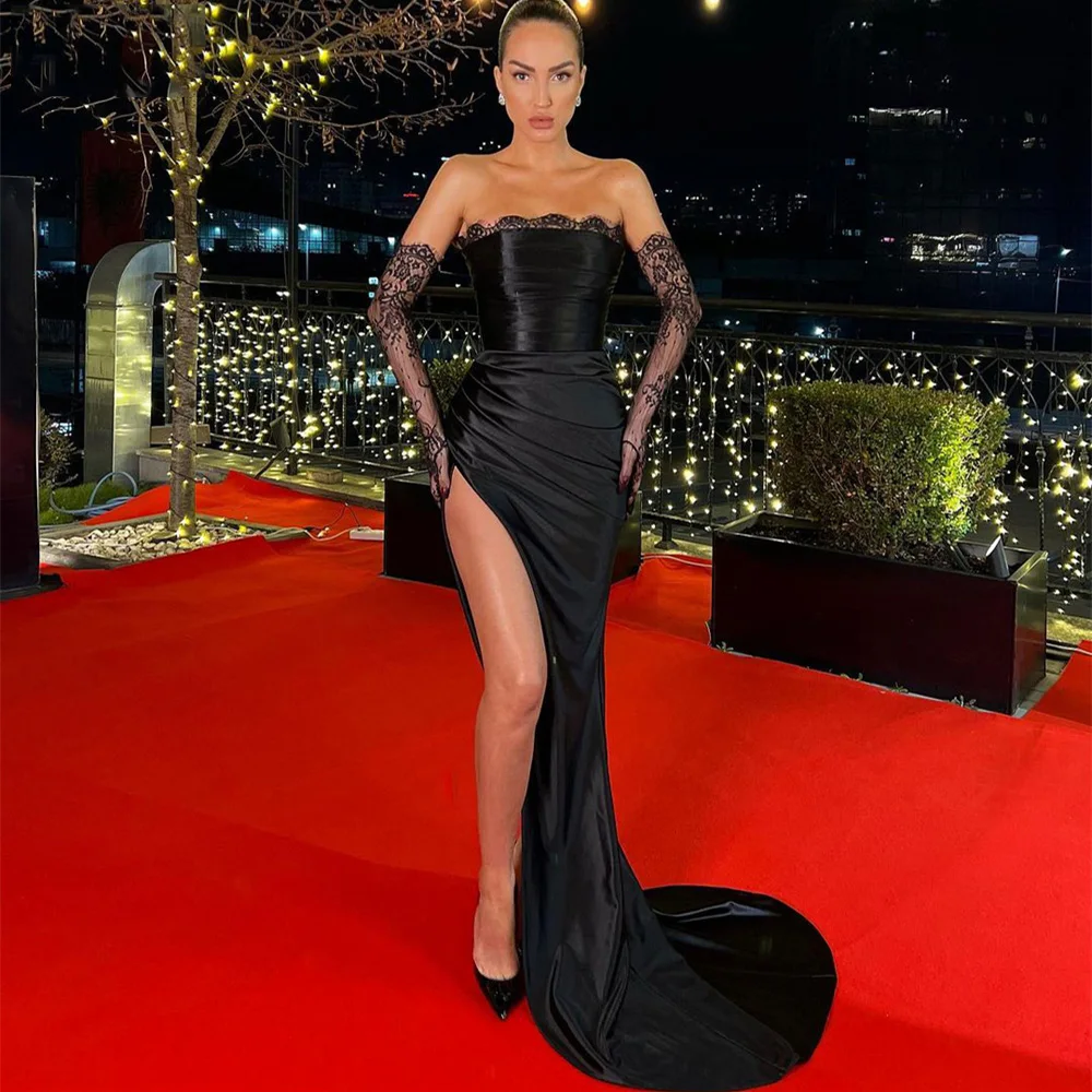 Sexy Black Satin Evening Dresses for Women 2022 High Side Split With Gloves Strapless Floor Length Formal Party Gown فستان سهرة
Sexy Black Satin Evening Dresses for Women 2022 High Side Split With Gloves Strapless Floor Length Formal Party Gown فستان سهرة