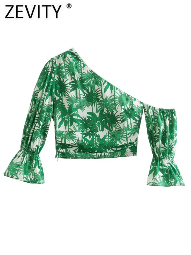 Zevity Women Sexy Single Shoulder Green Palm Tree Print Short Shirt Smock Blouse Female Side Zipper Blusas Chemise Tops LS1509
Zevity Women Sexy Single Shoulder Green Palm Tree Print Short Shirt Smock Blouse Female Side Zipper Blusas Chemise Tops LS1509