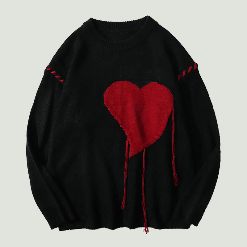 

TPJB Harajuku Heart-shape Pattern Tassel Knitted Ugly Sweaters Men Hip Hop Vintage Casual Loose O-Neck College Pullover Couples