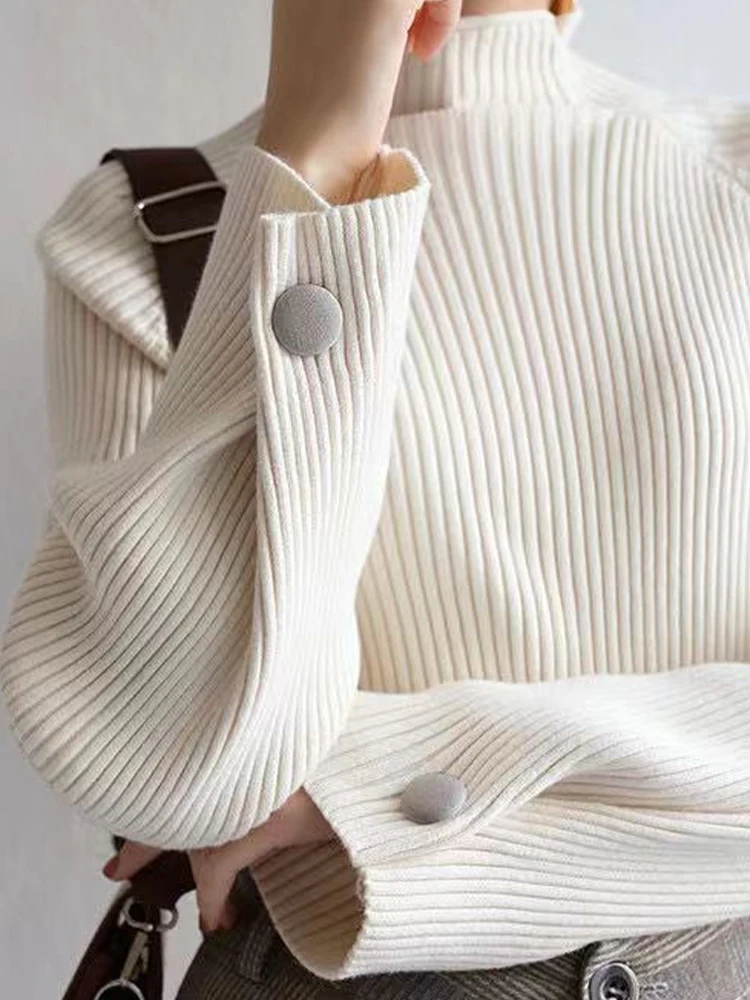 

Модные вязаные свитера в Корейском стиле, Женский пуловер с полувысоким воротником на осень и зиму, женская элегантная однотонная трикотажная одежда с длинным рукавом