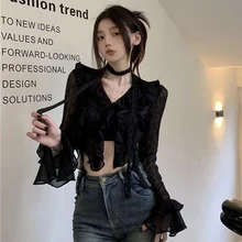 Deeptown Sexy Gothic Women Lace Blouses Grunge Y2k Crop Top Female Shirts Elegant Black Transparent Cardigan Korean Streetwear