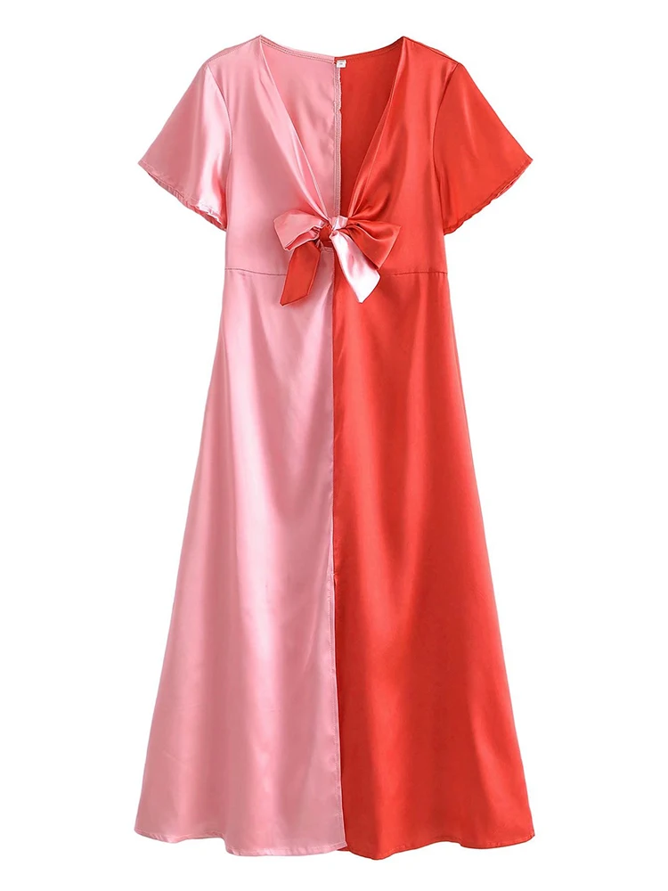 2022 Summer Women Hit Color Patchwork Bow Knot Satin Midi Dress Vintage Short Sleeve Side Zipper Female Dresses Mujer
2022 Summer Women Hit Color Patchwork Bow Knot Satin Midi Dress Vintage Short Sleeve Side Zipper Female Dresses Mujer