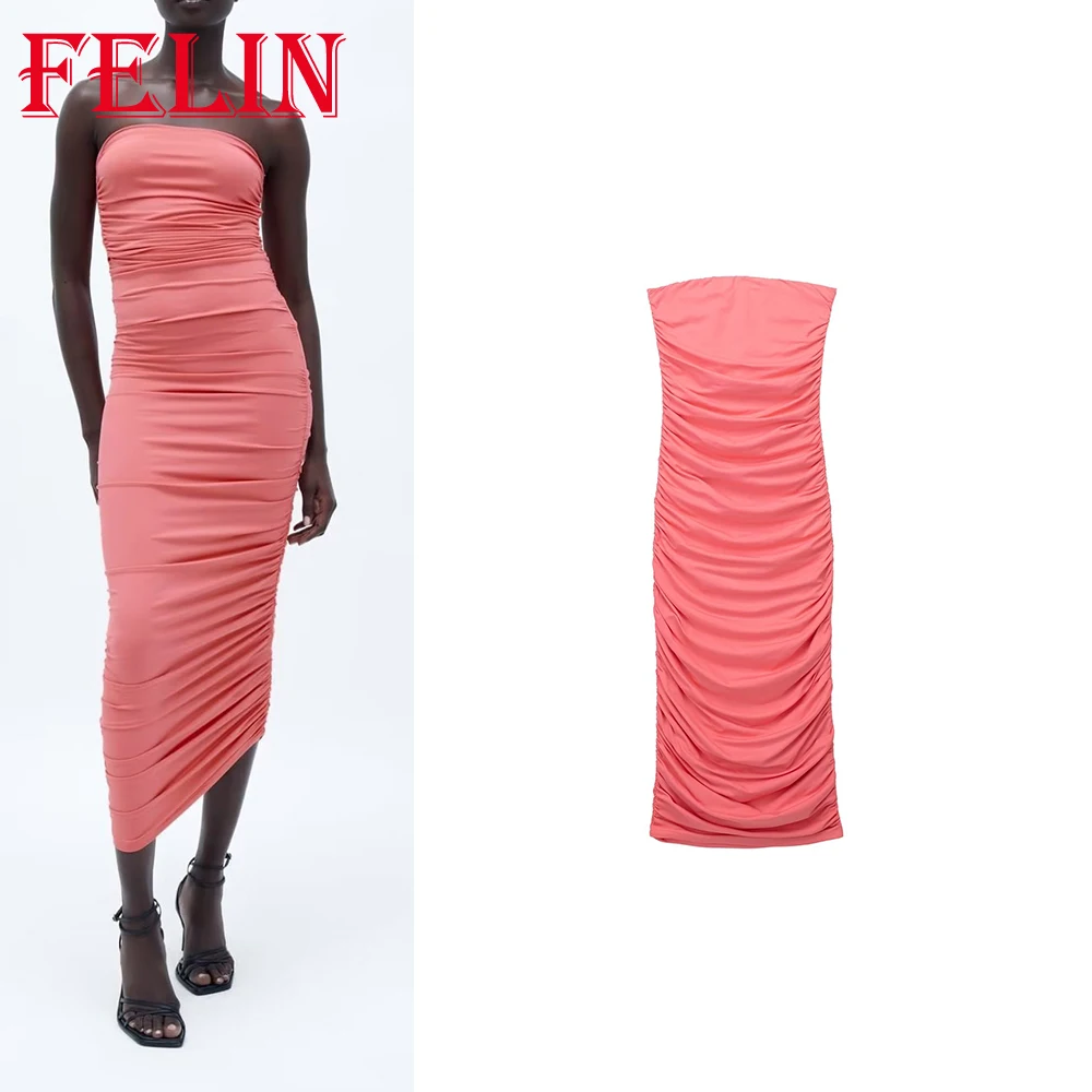 

Летнее женское однотонное розовое сексуальное платье-футляр без бретелек TRAF 2023, тонкое платье без рукавов, женские сексуальные платья