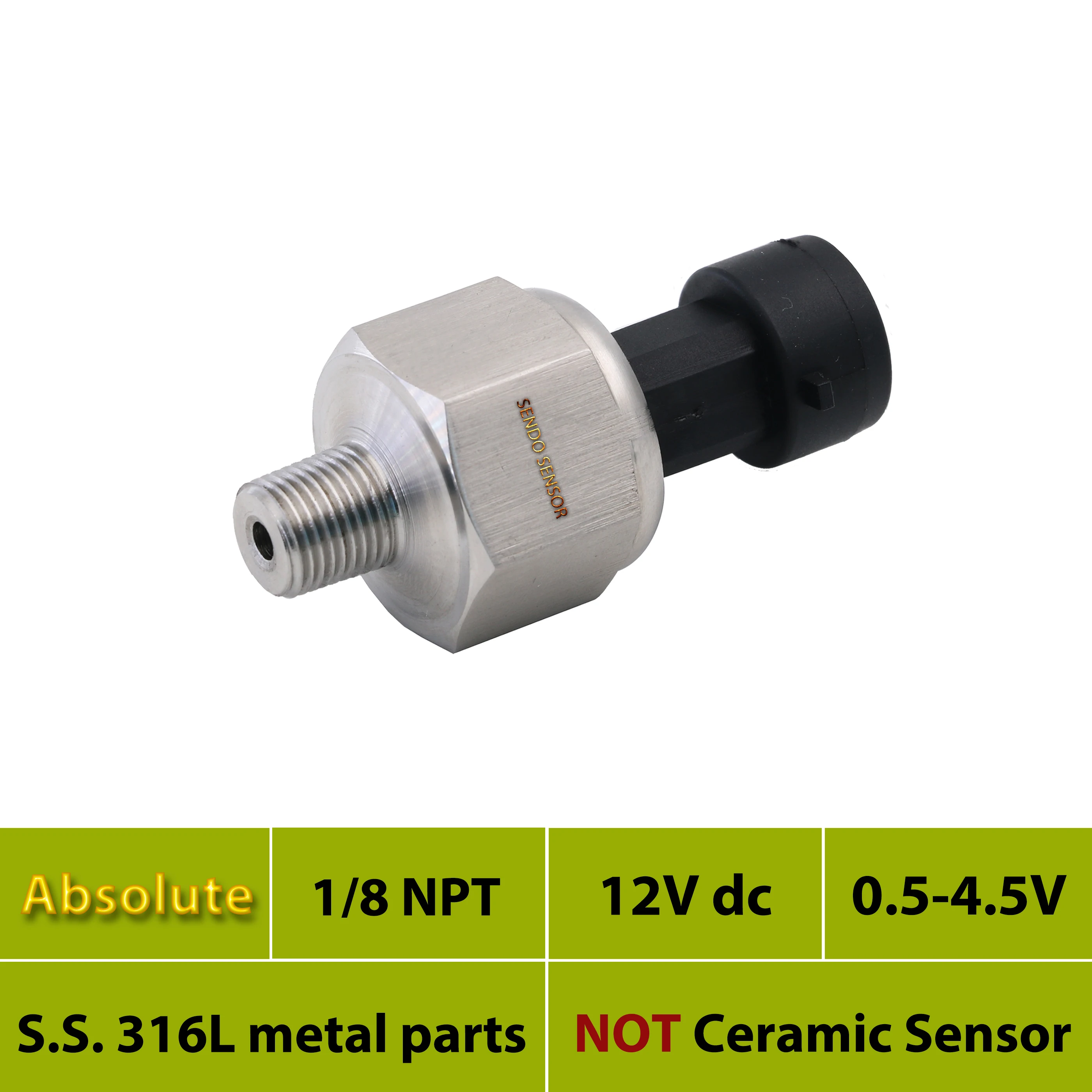 

12V, 0.5 4.5V signal, abs transducer, pressure sensor, 30, 50, 75 psi absolute, 4bar, 16bar, 10bar, 1 mpa, AISI 316L diaphragm