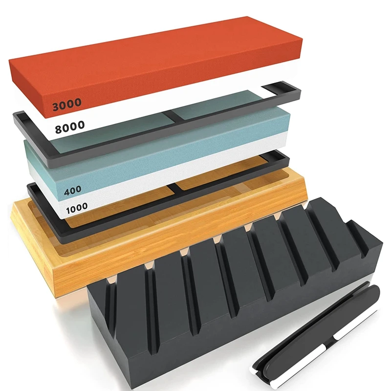 Sharpening Stone Sets - 400/1000 And 3000/8000 Grit Sharpening Stone Sets With Angled Rails And Non-Slip Bamboo Base
Sharpening Stone Sets - 400/1000 And 3000/8000 Grit Sharpening Stone Sets With Angled Rails And Non-Slip Bamboo Base