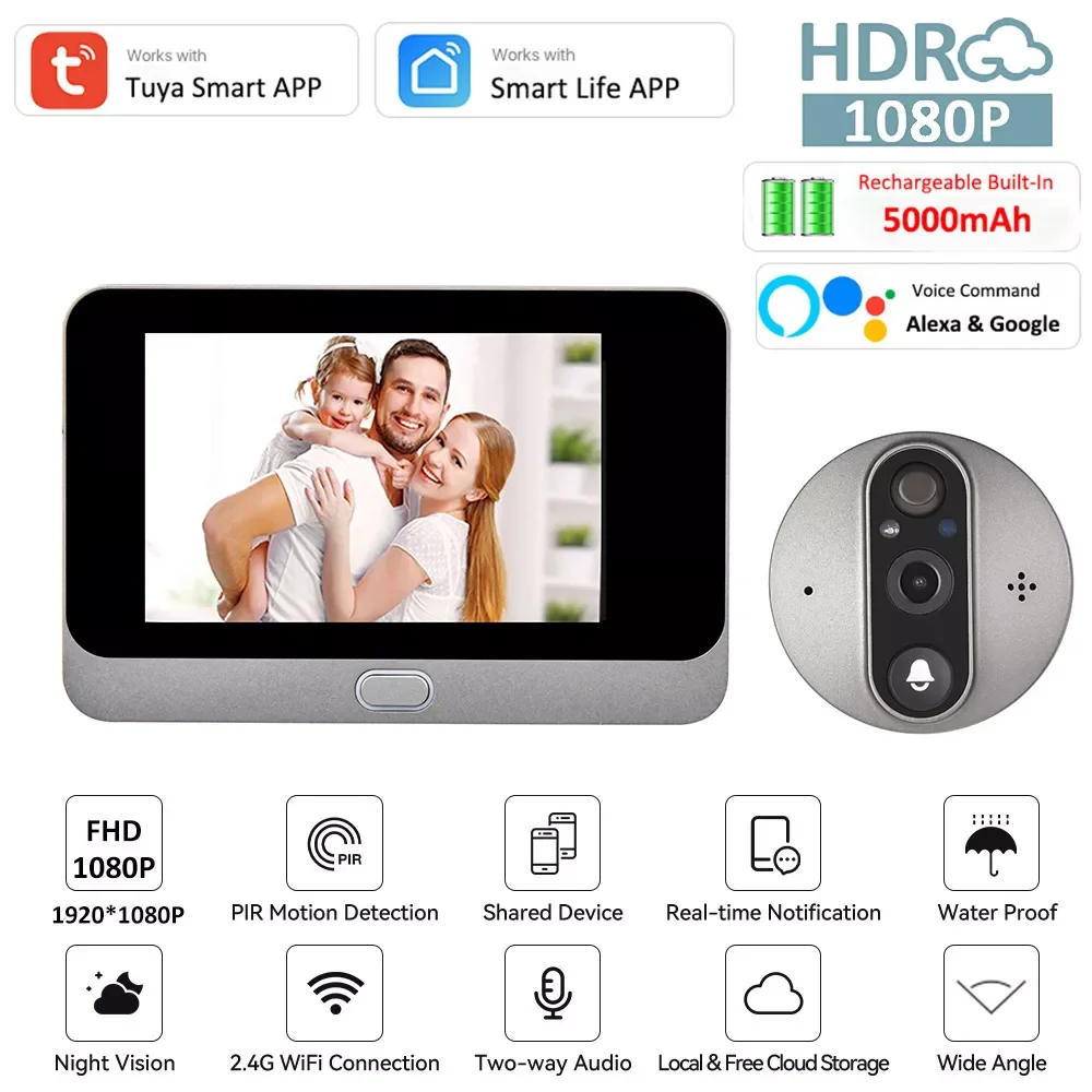 Smart Tuya 1080P WiFi Door Bell Eye Peephole Camera 5000mAh Audio 4.3' PIR FHD Infrared Alexa Google Announcement Digital Viewer
Smart Tuya 1080P WiFi Door Bell Eye Peephole Camera 5000mAh Audio 4.3' PIR FHD Infrared Alexa Google Announcement Digital Viewer