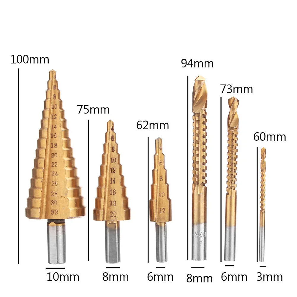 6Pcs HSS Steel Titanium Coated Step Drill Bit Hole Cutter 4-32mm Metal Tool Set Kit
6Pcs HSS Steel Titanium Coated Step Drill Bit Hole Cutter 4-32mm Metal Tool Set Kit