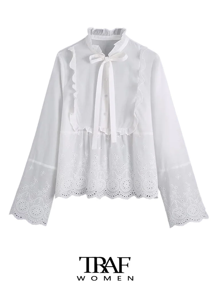 TRAF Women Fashion With Bow Cutwork Embroidery Blouses Vintage Ruffled Collar Long Sleeve Female Shirts Blusas Chic Tops
TRAF Women Fashion With Bow Cutwork Embroidery Blouses Vintage Ruffled Collar Long Sleeve Female Shirts Blusas Chic Tops