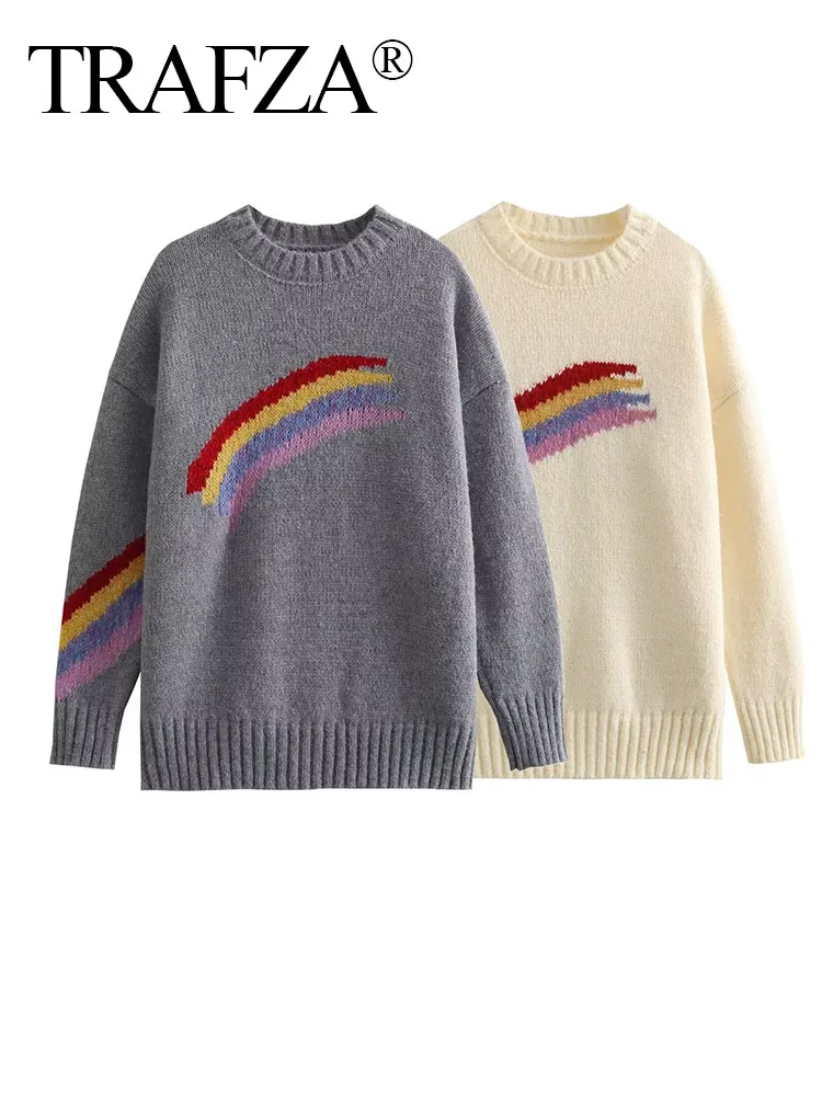 

TRAFZA Autumn Winter Women Rainbow Pattern Pullover Sweater for Woman O-Neck with Ruched Knit Sweater Vintage Knitwear Tops