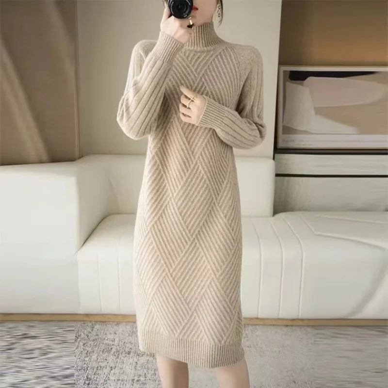 Korean Casual Solid Sweater Midi Dress Winter Sweater Knitwear Skirts 2022 Female Half Turtleneck Collar Wool Temperament Dress
Korean Casual Solid Sweater Midi Dress Winter Sweater Knitwear Skirts 2022 Female Half Turtleneck Collar Wool Temperament Dress