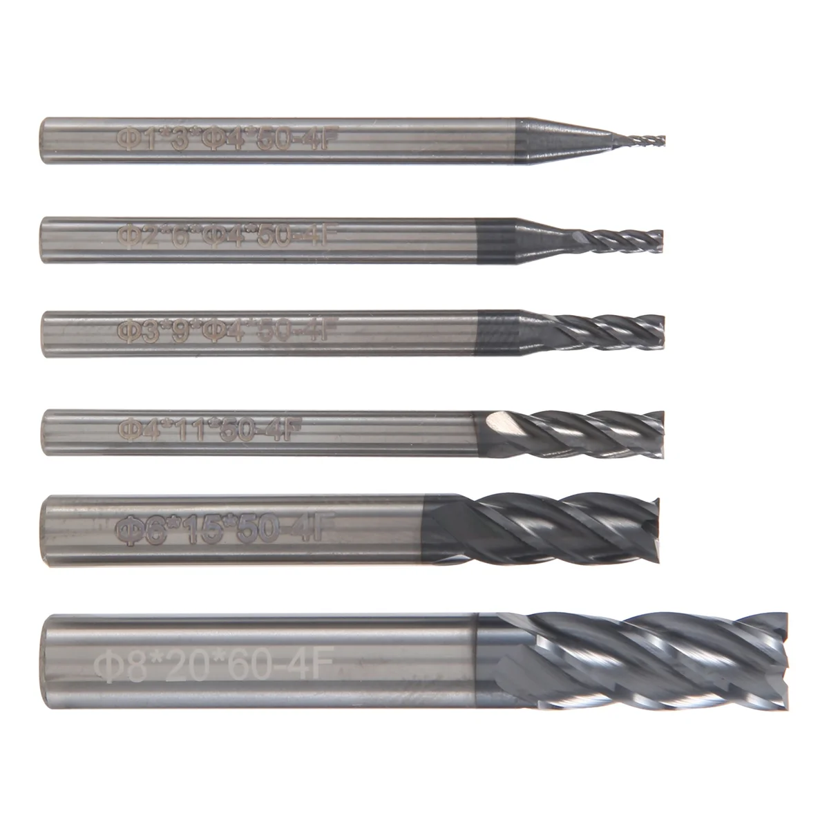 

6Pcs 4 Flutes End Mills Set for Steels Square CNC Carbide Milling Cutter Spiral Router Bits Dia(1 2 3 4 6 8mm)