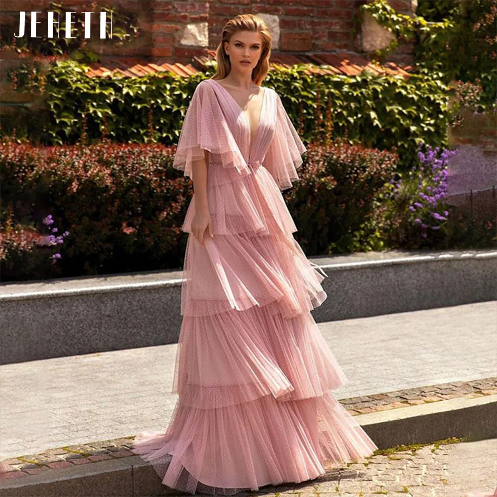 JEHETH Pink Elegant Deep V-Neck Tulle Evening Party Dress Half Sleeves Backless Formal Prom GownFloor Length robes de soirée
JEHETH Pink Elegant Deep V-Neck Tulle Evening Party Dress Half Sleeves Backless Formal Prom GownFloor Length robes de soirée