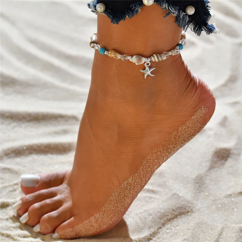 

KOTiK New Shell Beads Anklets for Women Silver Color Starfish Beach Leg Bracelet Handmade Bohemian Foot Chain Boho Jewelry Gift