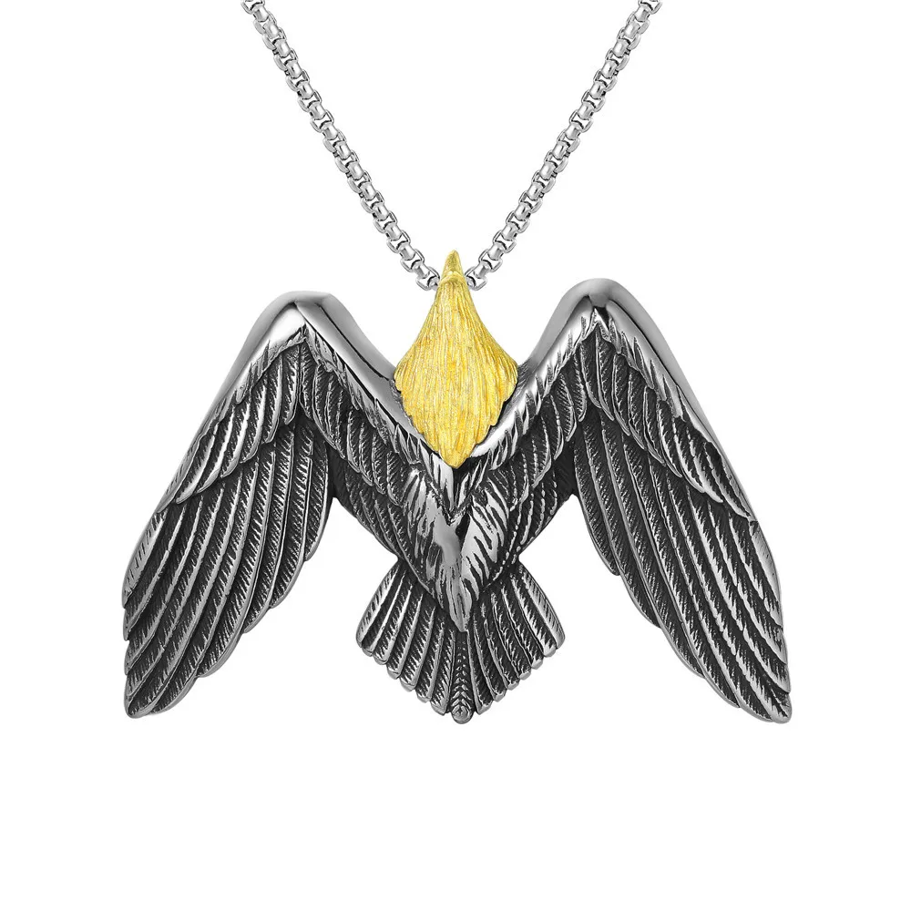 

Megin D Stainless Steel Titanium Flying Eagle Wings Hip Hop Punk Pendant Collar Chains Necklace for Men Women Couple Gift Jewel