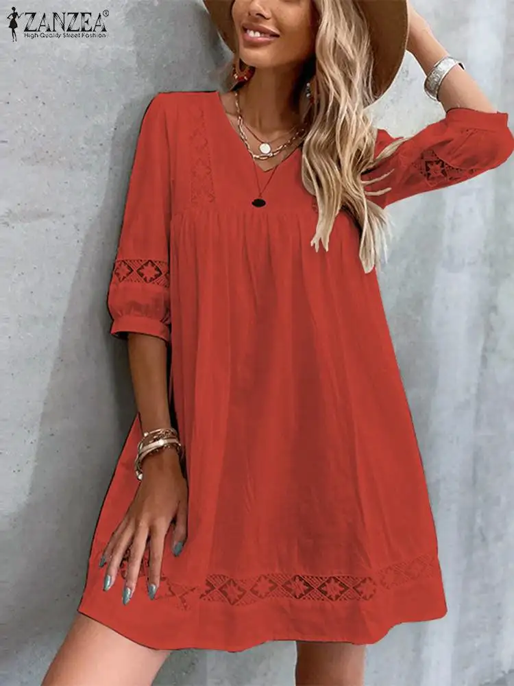 ZANZEA 2023 Summer Women Mini Dresses Pleated Casual Dress Solid Lace Insert Robe Loose 3/4 Sleeve V Neck Smock Vestidos
ZANZEA 2023 Summer Women Mini Dresses Pleated Casual Dress Solid Lace Insert Robe Loose 3/4 Sleeve V Neck Smock Vestidos