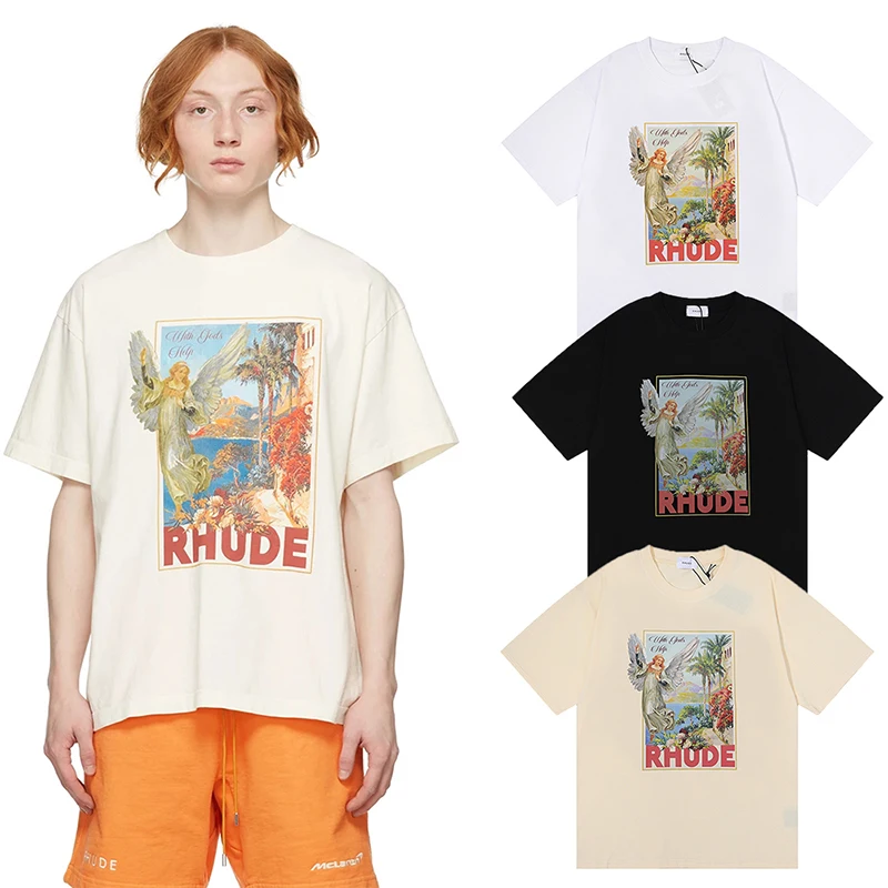 

Angel With Gods Help Rhude Short Sleeve Men Women High Quality Tees Black White Apricot T-shirts Casual Oversize RHUDE Tops