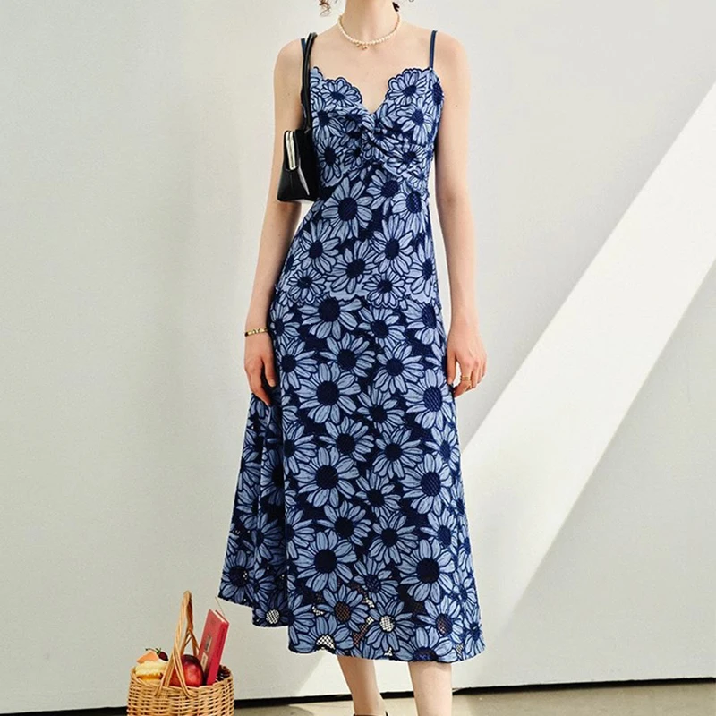 

Винтажное синее длинное платье Magritte, женское облегающее платье с вырезами и V-образным вырезом, Роскошное дизайнерское платье без рукавов с завязками