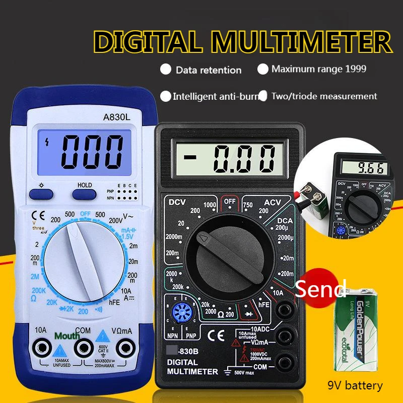 Handheld Digital Multimeter A830L Ammeter Voltmeter Tools for Electrician Measuring Current Voltage Resistance Multimeters 830B
Handheld Digital Multimeter A830L Ammeter Voltmeter Tools for Electrician Measuring Current Voltage Resistance Multimeters 830B