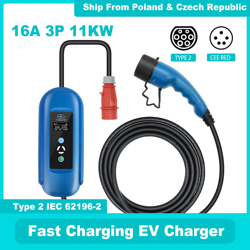 

Level 2 EV Charger 11kw Type 2 16A 3 Phase IEC 62196-2 CEE Red Plug EVSE Wallbox For Electric Vehicle Cars Charging 5 Meters