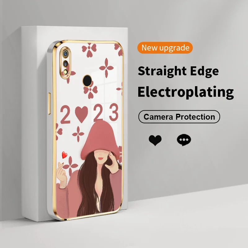 

Sweet Girl Square Electroplating Phone Case for Realme 3 3i 7 5 5i 5S 6S 6 Pro X Lite Narzo 20 Pro Q V5 OPPO K7x Back Cover