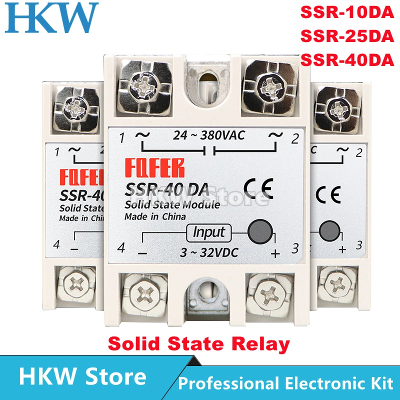 

1piece SSR-10DA SSR-25DA SSR-40DA 10A 25A 40A Solid State Relay Module 3-32V Input DC 24-380V AC Output High Quality