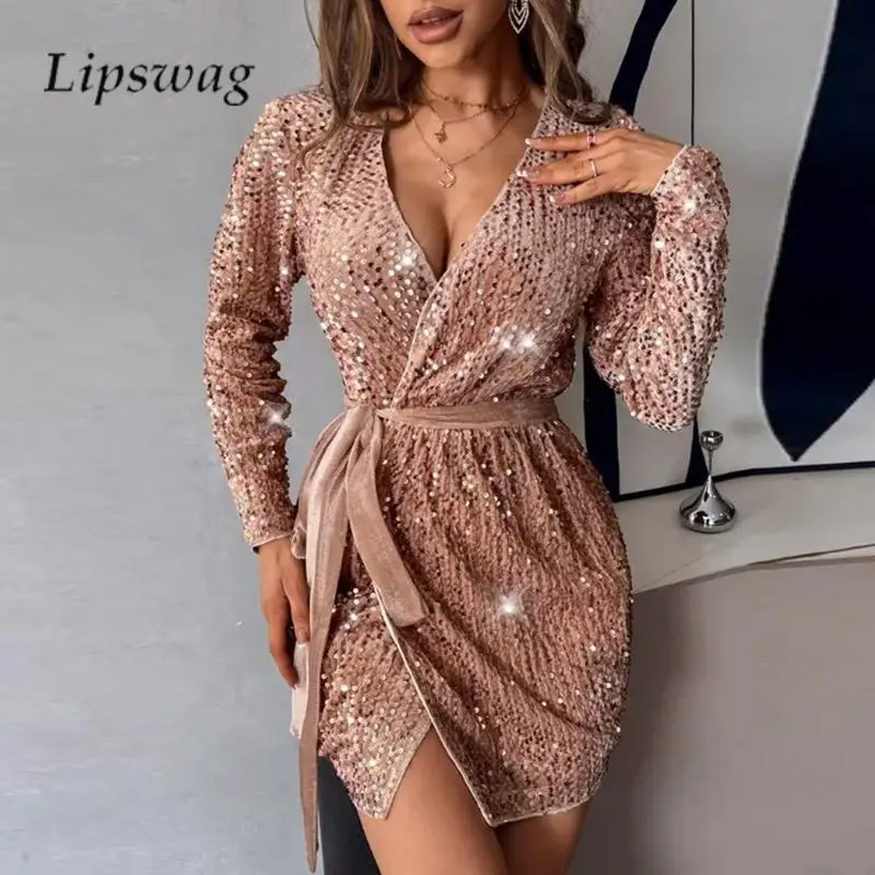 2023 Autumn Beaded Glitter Split Dress Fashion Long Sleeve Waisted Lace-up Mini Dress Elegant V Neck Sequin Ladies Party Dresses
2023 Autumn Beaded Glitter Split Dress Fashion Long Sleeve Waisted Lace-up Mini Dress Elegant V Neck Sequin Ladies Party Dresses