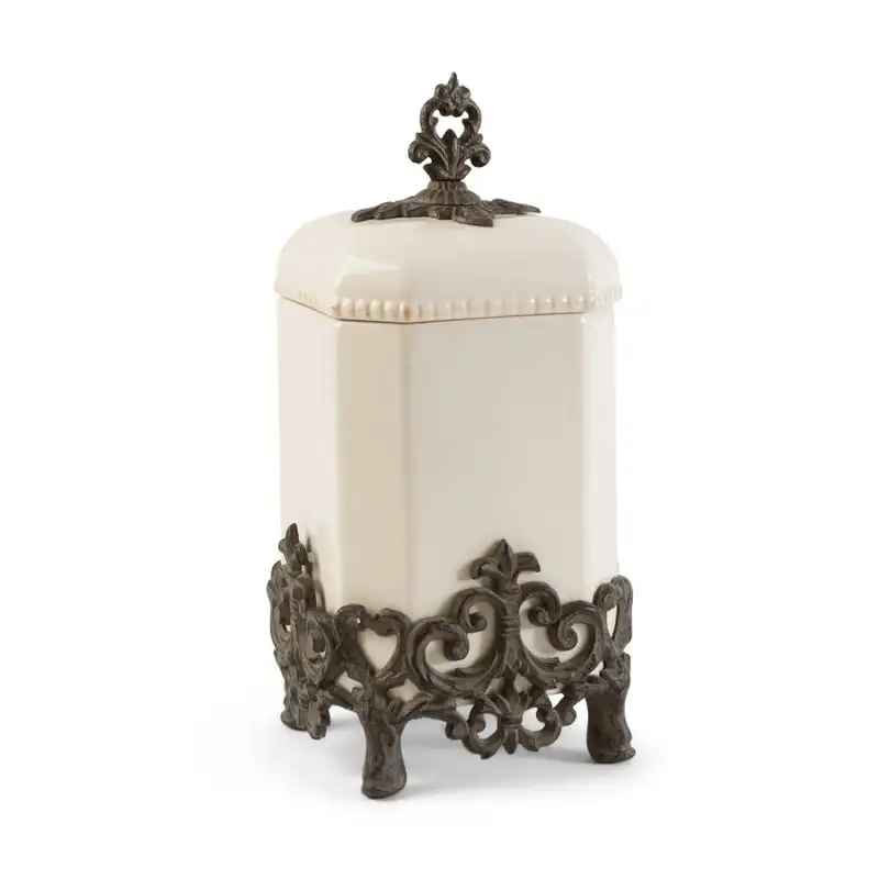 

Cream and Bronze Provencial Canister with Fleur De Lis Metal Base