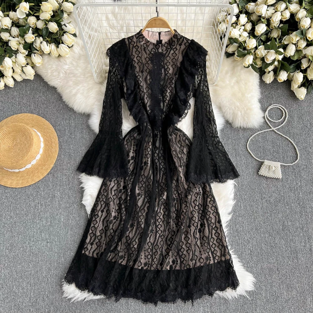 Women New 2022 Spring Fashion Round Neck Long Flare Sleeve Lace Dress Ruffled Ladies Slim Waist Elegant Midi Party Dresses
Women New 2022 Spring Fashion Round Neck Long Flare Sleeve Lace Dress Ruffled Ladies Slim Waist Elegant Midi Party Dresses