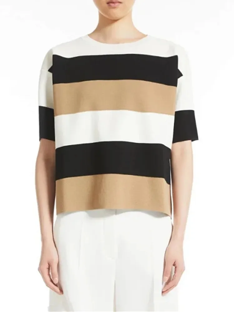 Women Knit Stripes Tee 2022 Summer new Simple Color Patchwork o-Neck Pullover tops Lady Short Sleeve Knitwear T-shirt
Women Knit Stripes Tee 2022 Summer new Simple Color Patchwork o-Neck Pullover tops Lady Short Sleeve Knitwear T-shirt