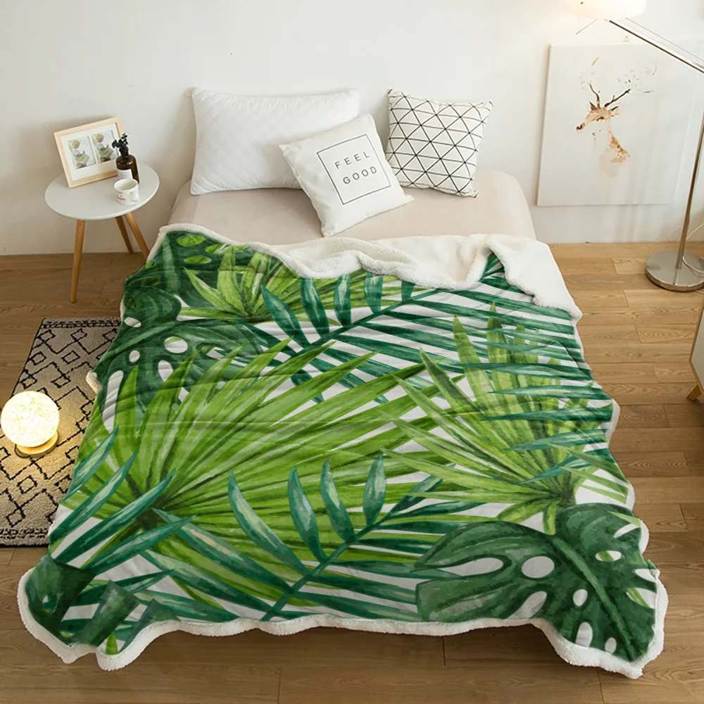 

Palm Leaves Tropical Jungle Plant Green Lamb Cashmere Fleece Blanket Home Bed Sofa Winter Sherpa Bedding Kids Thick Bedspread
