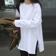 Autumn White Black Tops Women Korean Appliques Split Cotton T-shirt Female Long Sleeve Casual Loose Basic Shirt S-XL