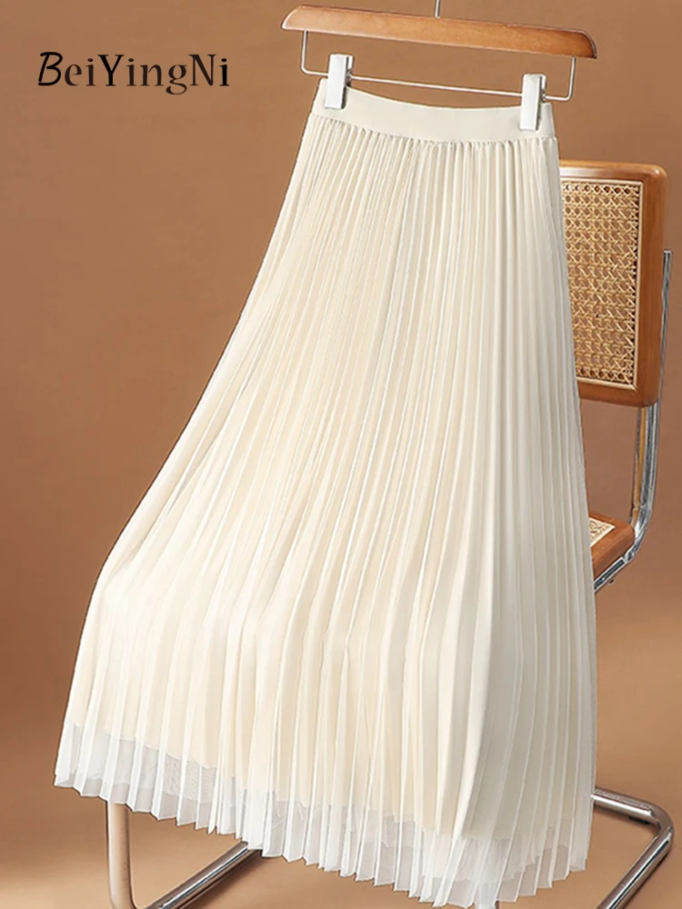 

Beiyingni Women's Pleated Long Skirt Elegant Vintage Plain Casual Chic Tulle A-line Mid-Calf Skirts Ladies Korean Fashion Faldas