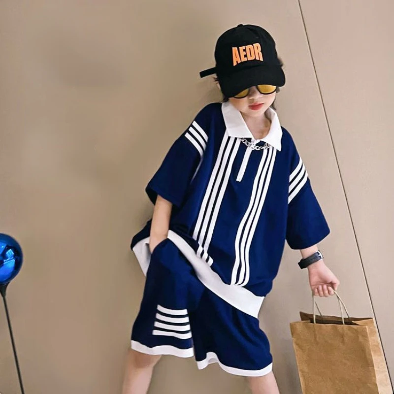 

Summer Boys Cotton Loose Striped Half Zip Polo T-Shirt Tops+Shorts Suit School Kids Preppy Clothes Sets Children Outfits 4-15Yrs