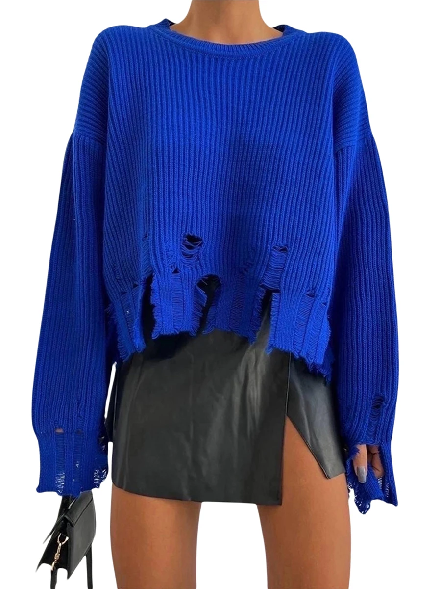 

Women\u2019s Ripped Sweaters Long Sleeve Round Neck Solid Color Loose Knit Jumper Tops