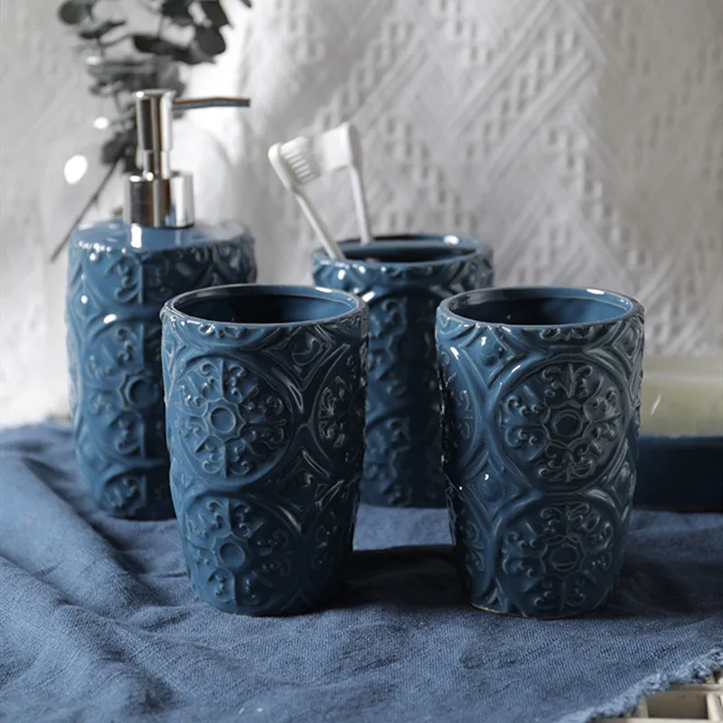 

Light Luxury Ceramics Blue Five Piece Set Liquid Soap Dispenser Tooth Mug Soap Dish Toothbrush Holder Bathroom Washing Tools
