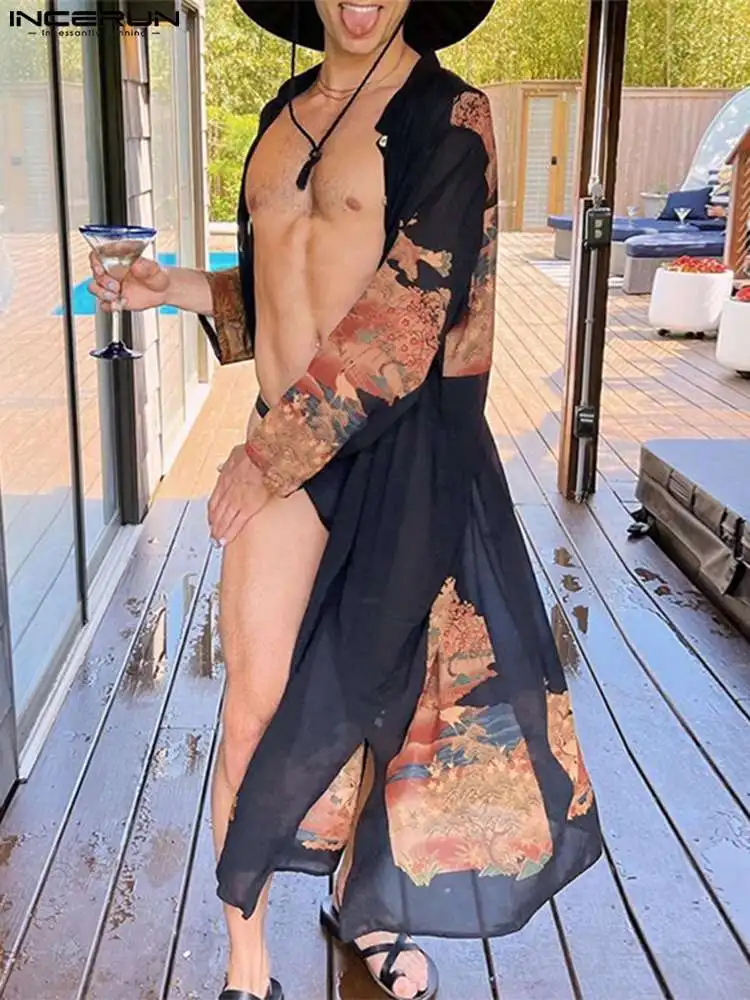 Модные повседневные стильные топы INCERUN, Мужская шифоновая прозрачная блузка с принтом, стильные мужские праздничные длинные тонкие рубашки...
Модные повседневные стильные топы INCERUN, Мужская шифоновая прозрачная блузка с принтом, стильные мужские праздничные длинные тонкие рубашки...