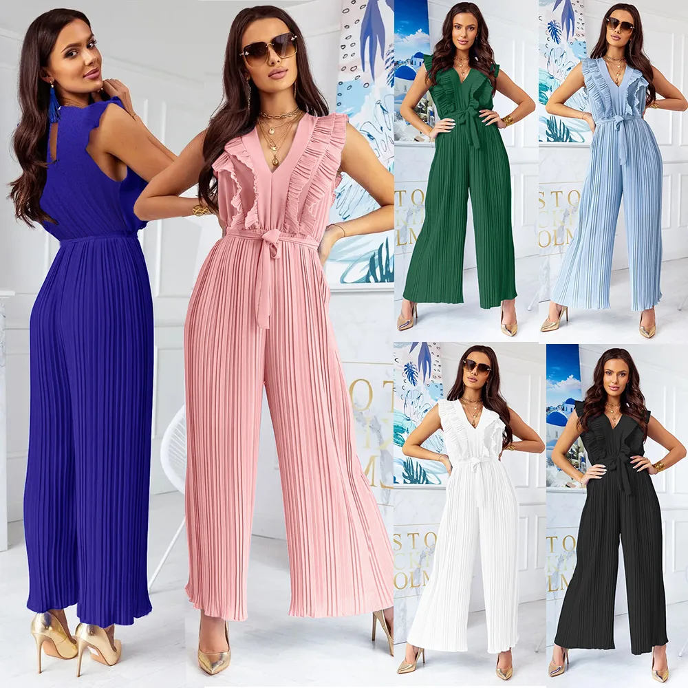 Pressed pleated one-piece wide-leg pants 2023 summer women's casual slim temperament V-neck one-piece trousers
Pressed pleated one-piece wide-leg pants 2023 summer women's casual slim temperament V-neck one-piece trousers