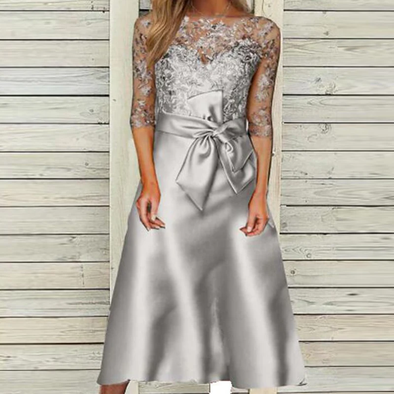 

Женское Сетчатое платье с цветочной вышивкой, длинное привлекательное вечернее платье подружки невесты с бантом на завязках и коротким рук...