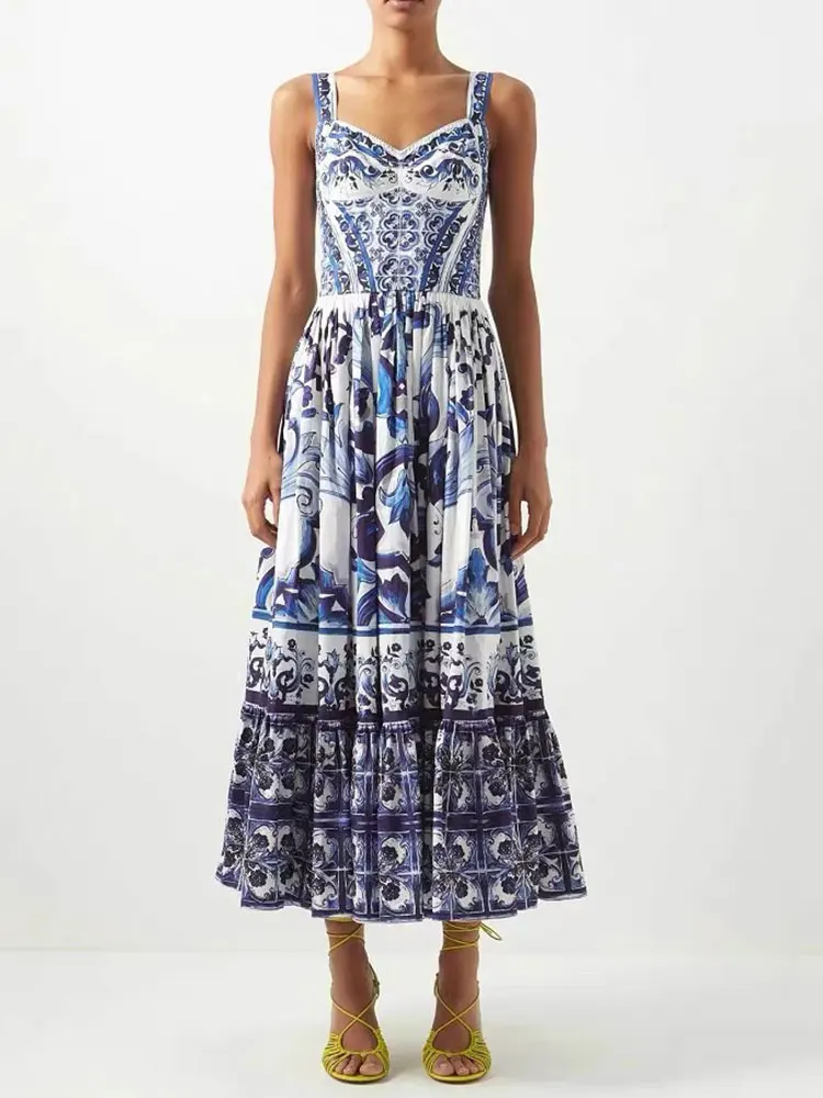 Retro Fashion Show Summer Dress Women's Blue and White Porcelain Print Open Back Elastic Wrap Chest Strap Vacation Long Dress
Retro Fashion Show Summer Dress Women's Blue and White Porcelain Print Open Back Elastic Wrap Chest Strap Vacation Long Dress