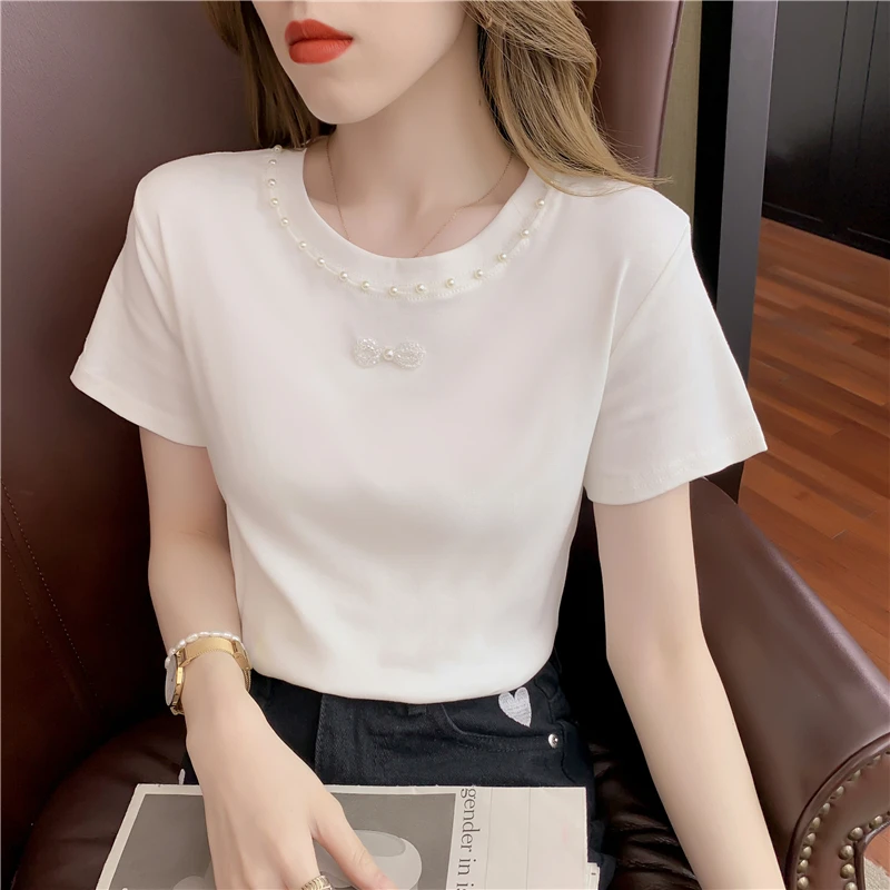 2023 Summer Black Short-Sleeved T-shirt Bowknot Crystal T-shirts Women's Bottoming Top INS Trendy Beaded Pure Cotton 
2023 Summer Black Short-Sleeved T-shirt Bowknot Crystal T-shirts Women's Bottoming Top INS Trendy Beaded Pure Cotton