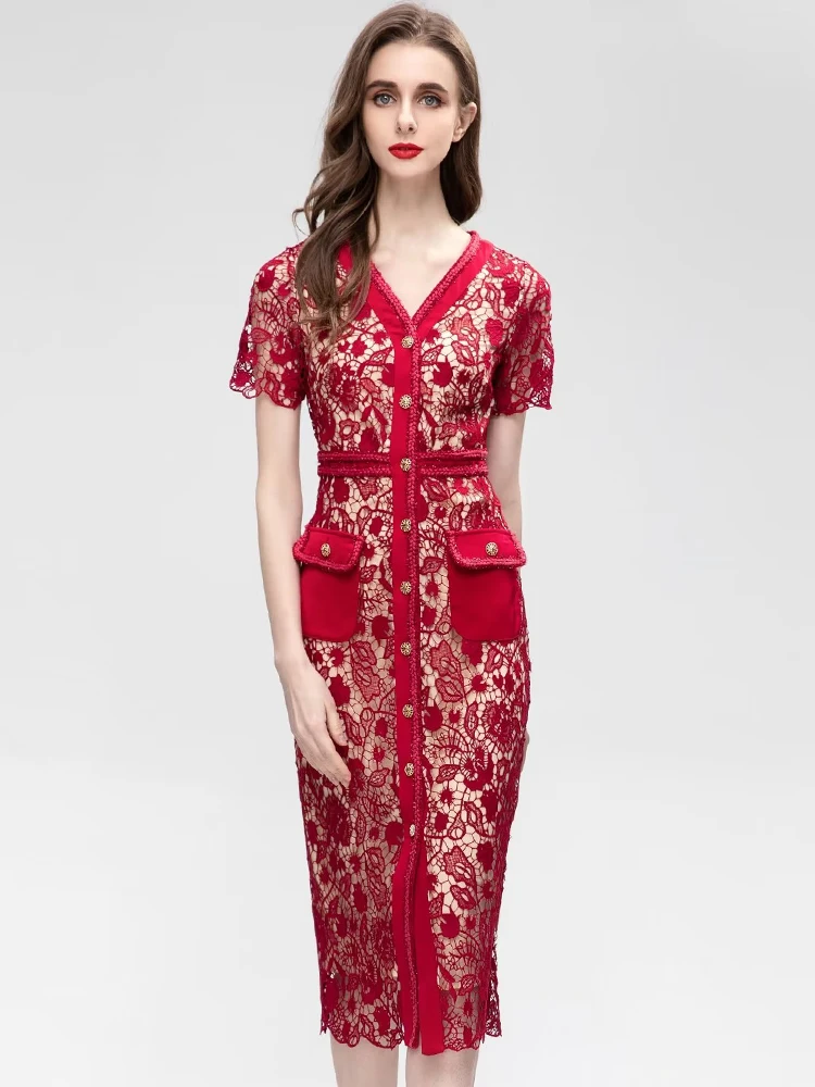 Designer Summer Women'S New High Quality Sexy Casual Party Hollow Out Elegant Short Sleeve Lace Button Red Midi Pencil Dress
Designer Summer Women'S New High Quality Sexy Casual Party Hollow Out Elegant Short Sleeve Lace Button Red Midi Pencil Dress