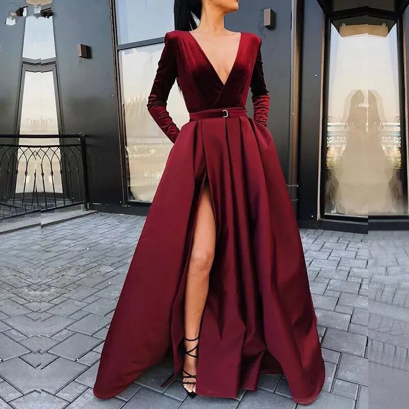 Женское вечернее платье с высоким разрезом, Длинное Элегантное платье в арабском стиле с V-образным вырезом, бордового цвета, 2020
Женское вечернее платье с высоким разрезом, Длинное Элегантное платье в арабском стиле с V-образным вырезом, бордового цвета, 2020