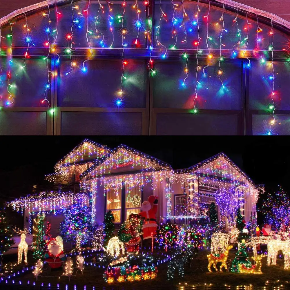 

Christmas Lights 10m LED Curtain Icicle String Lights Droop 0.3-0.6m Holiday Garland for Eaves Garden Street Outdoor Decoration