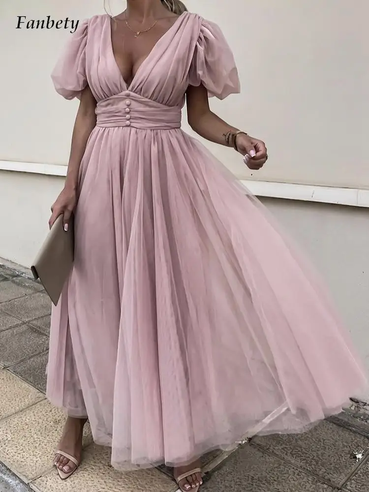 Elegant Buttoned High Waist Dress Summer Women Sexy Deep V-Neck Short Sleeve Solid Dress Ladies Fashion Loose Long Party Dresses 
Elegant Buttoned High Waist Dress Summer Women Sexy Deep V-Neck Short Sleeve Solid Dress Ladies Fashion Loose Long Party Dresses